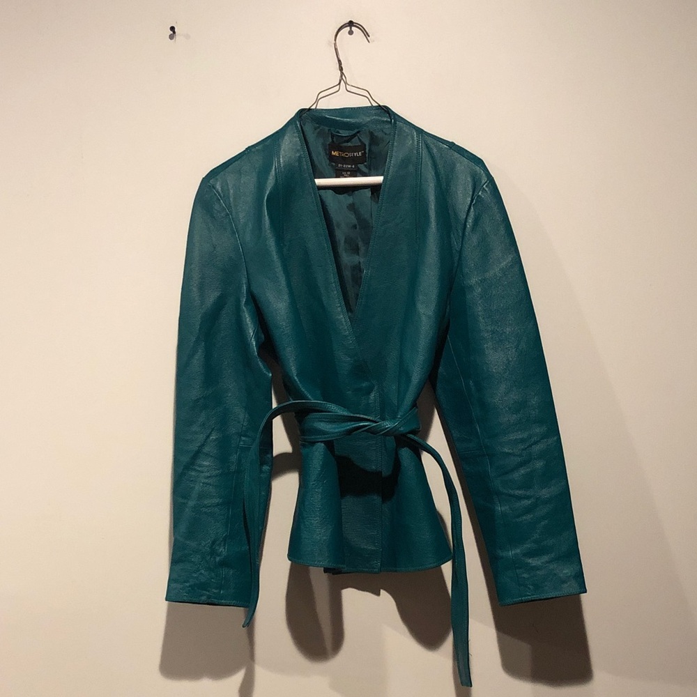metrostyle Vintage Teal Leather Belted Jacket - Picture 3 of 7